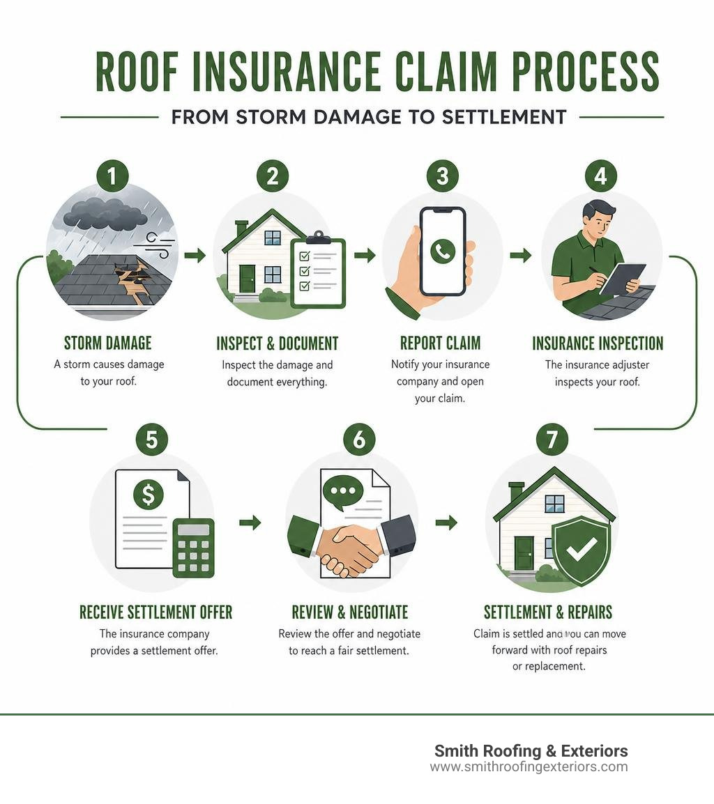 Roof insurance claim process infographic: steps from storm damage to settlement infographic Roof insurance claim process infographic: steps from storm damage to settlement infographic