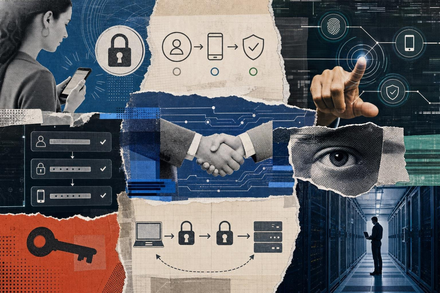 2FA protocols and cryptographic handshakes editorial collage 2FA protocols and cryptographic handshakes editorial collage