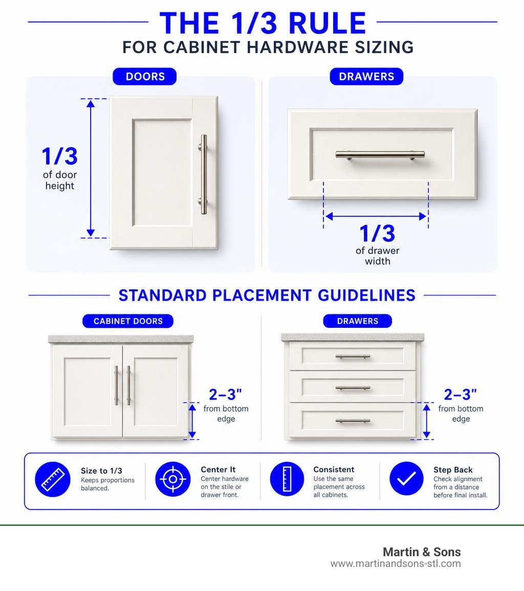 Infographic explaining the 1/3 rule for cabinet hardware sizing and standard placement guidelines infographic Infographic explaining the 1/3 rule for cabinet hardware sizing and standard placement guidelines infographic