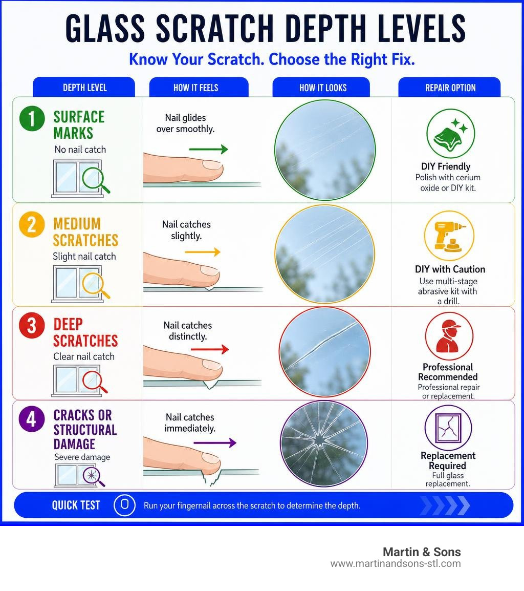 Infographic showing glass scratch depth levels from surface marks to deep scratches with repair options infographic Infographic showing glass scratch depth levels from surface marks to deep scratches with repair options infographic