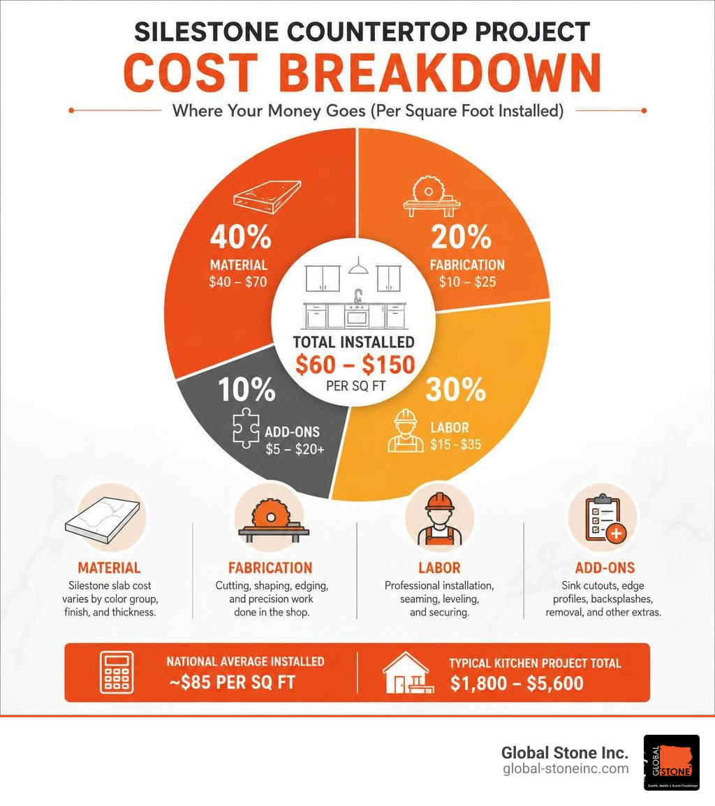 Breakdown of Silestone countertop project costs including material, fabrication, labor, and add-ons infographic