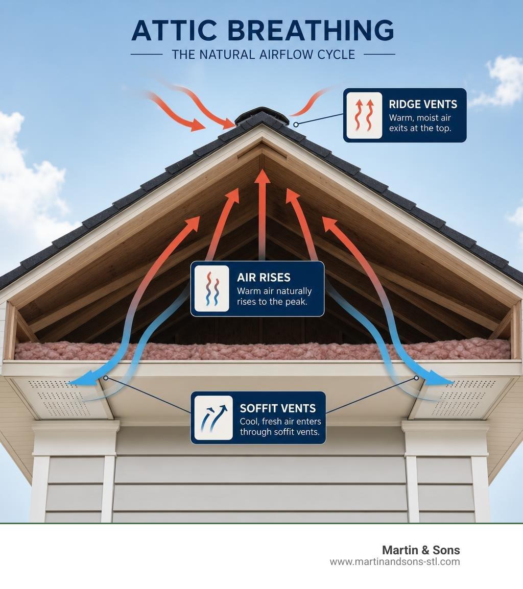 Infographic showing airflow through soffit intake vents rising through attic and exiting through ridge vents infographic Infographic showing airflow through soffit intake vents rising through attic and exiting through ridge vents infographic