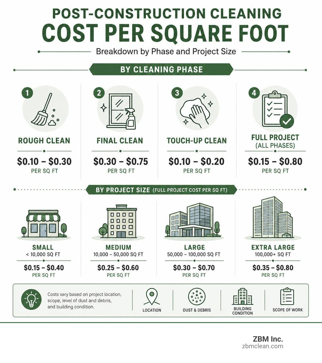 Post-construction cleaning cost per square foot breakdown by phase and project size infographic infographic