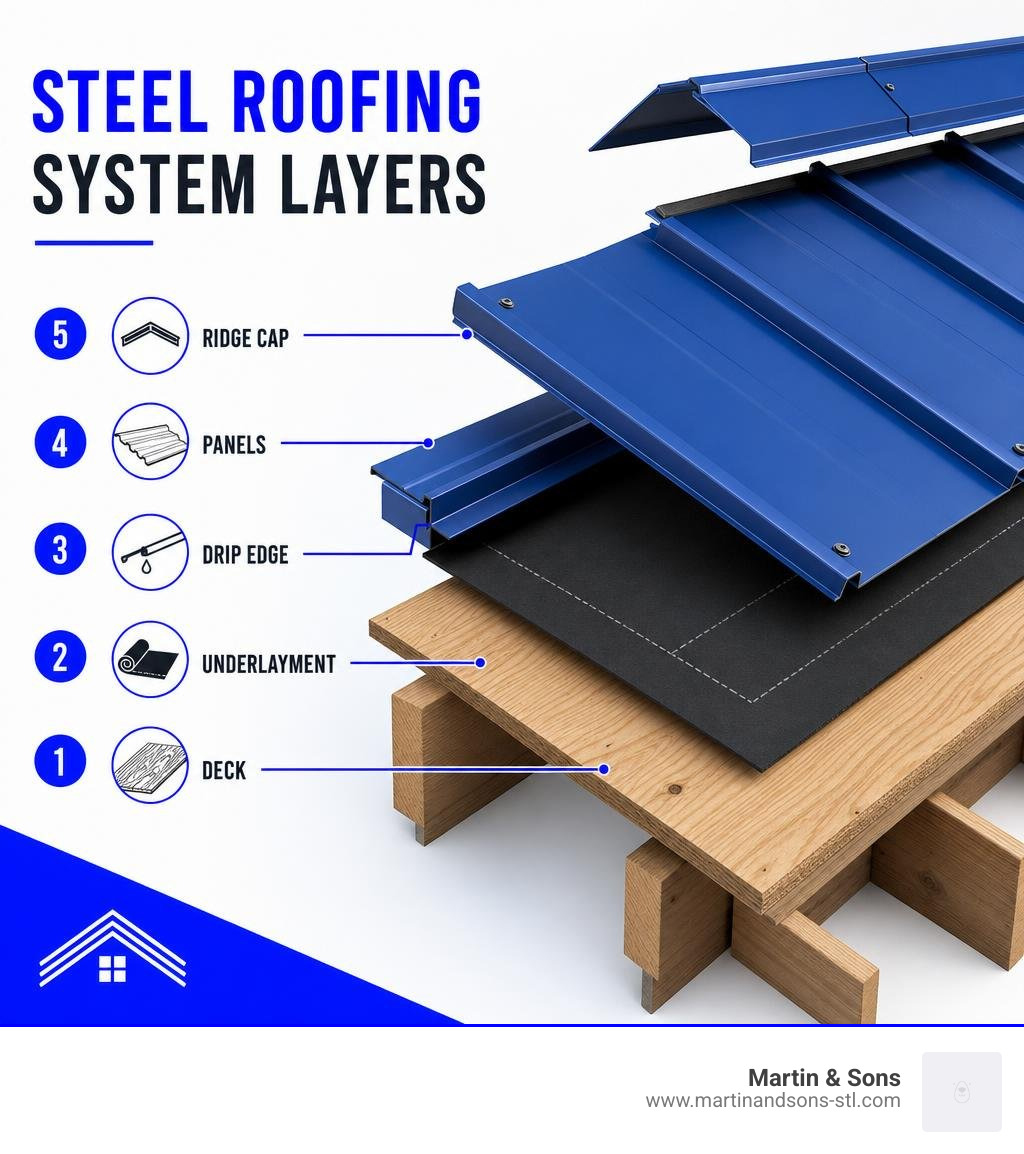Steel roofing system layers infographic showing deck, underlayment, drip edge, panels, ridge cap infographic Steel roofing system layers infographic showing deck, underlayment, drip edge, panels, ridge cap infographic