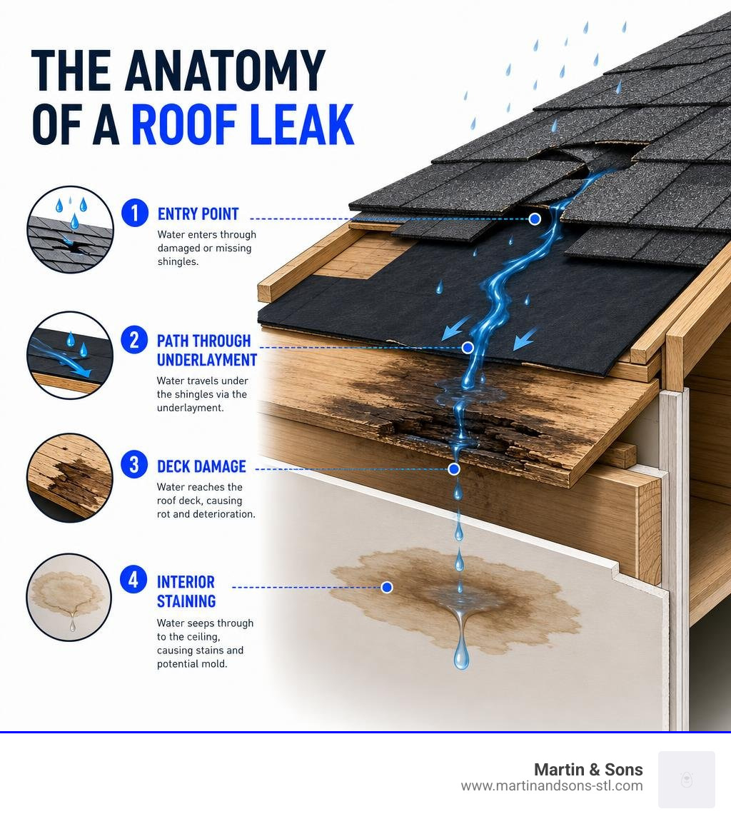 Infographic showing anatomy of a roof leak: entry point, path through underlayment, deck damage, interior staining Infographic showing anatomy of a roof leak: entry point, path through underlayment, deck damage, interior staining