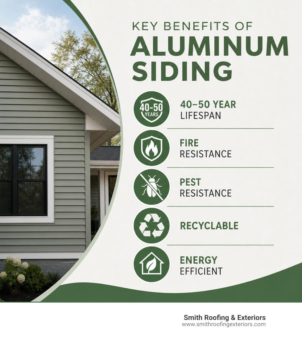 Infographic showing key benefits of aluminum siding: 40-50 year lifespan, fire resistance, pest resistance, recyclable Infographic showing key benefits of aluminum siding: 40-50 year lifespan, fire resistance, pest resistance, recyclable