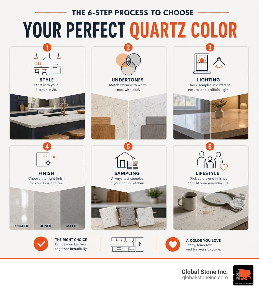 Quartz countertop color selection process: style, undertones, lighting, finish, lifestyle, sampling infographic Quartz countertop color selection process: style, undertones, lighting, finish, lifestyle, sampling infographic