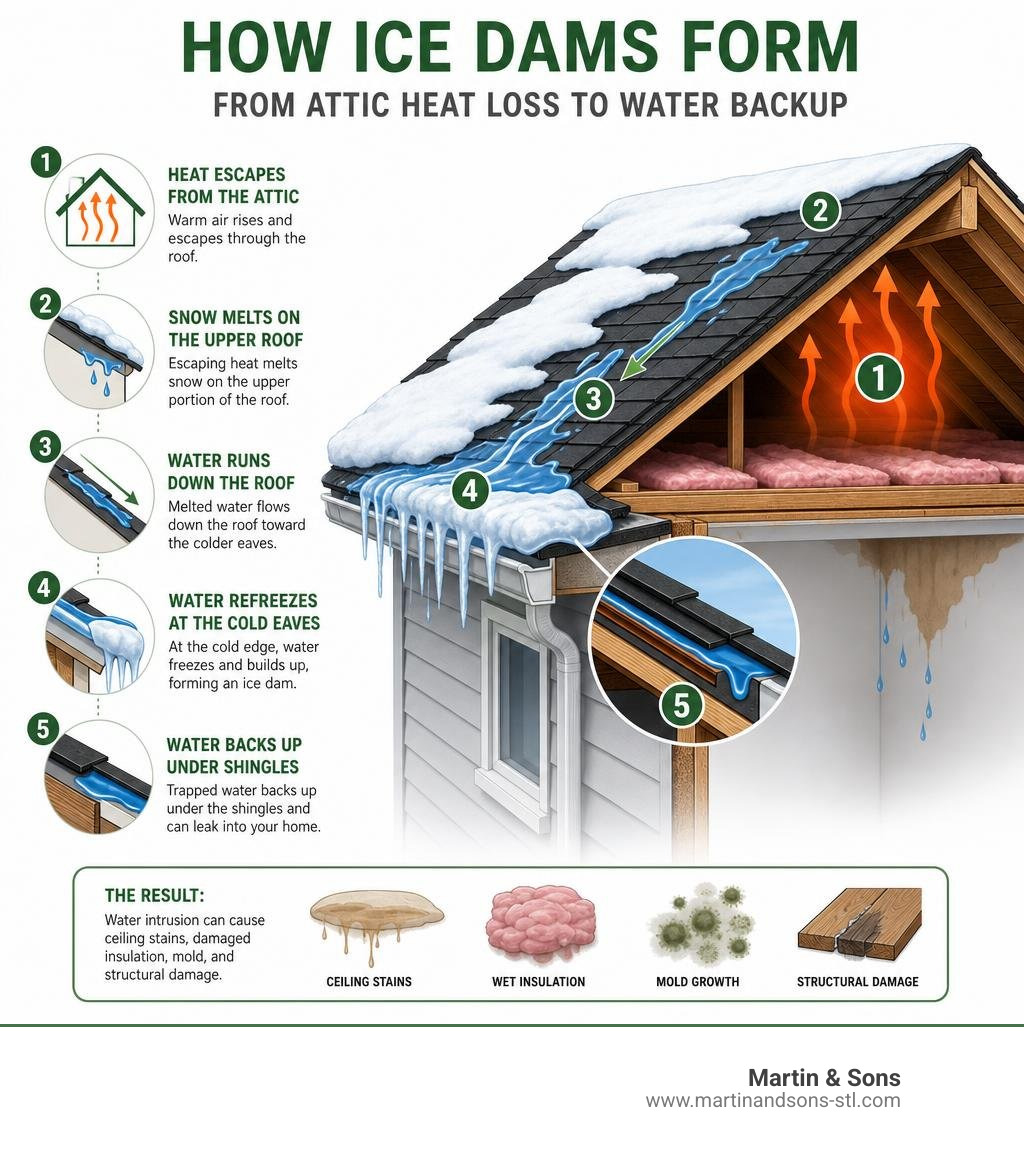 Infographic showing how ice dams form on a roof, from attic heat loss to water backup under shingles infographic Infographic showing how ice dams form on a roof, from attic heat loss to water backup under shingles infographic