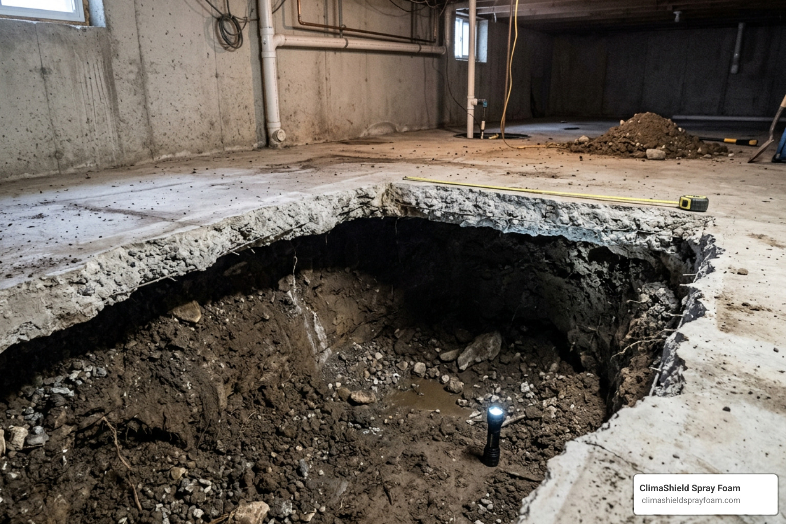 Soil eroding beneath a concrete slab creating deep voids