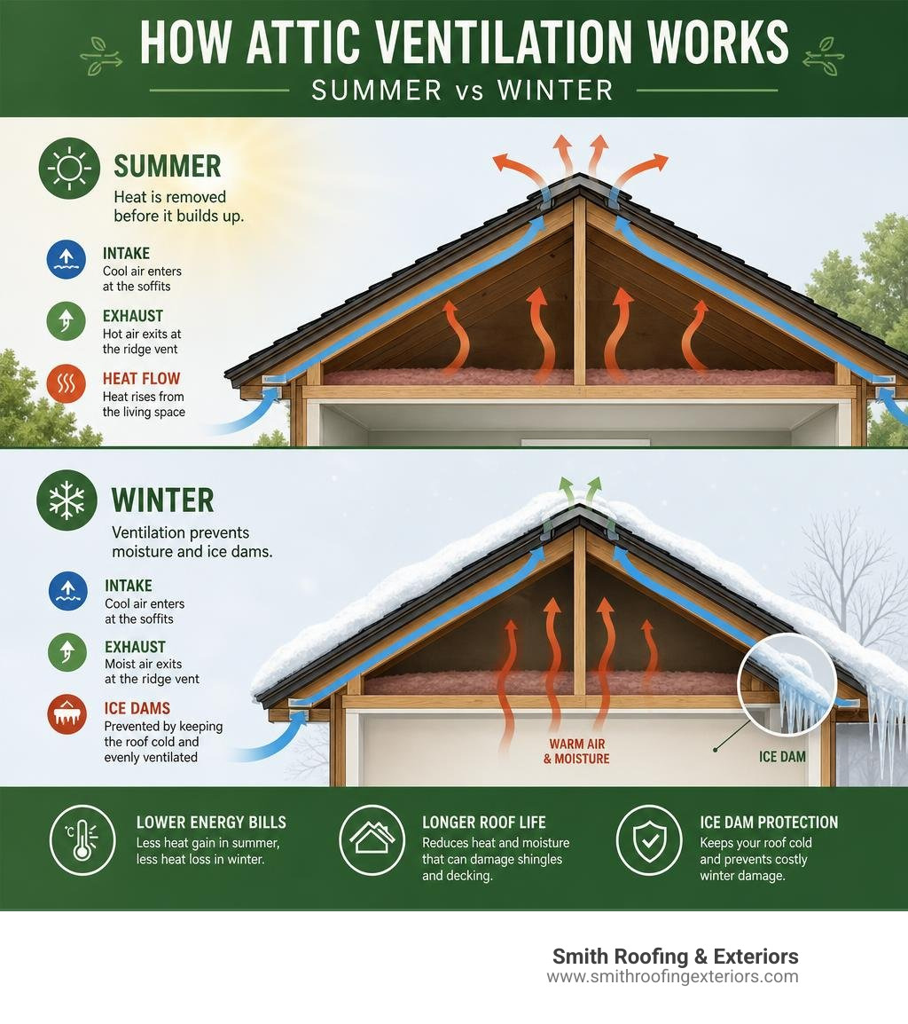 How attic ventilation works in summer vs winter — intake, exhaust, heat flow, ice dams infographic How attic ventilation works in summer vs winter — intake, exhaust, heat flow, ice dams infographic