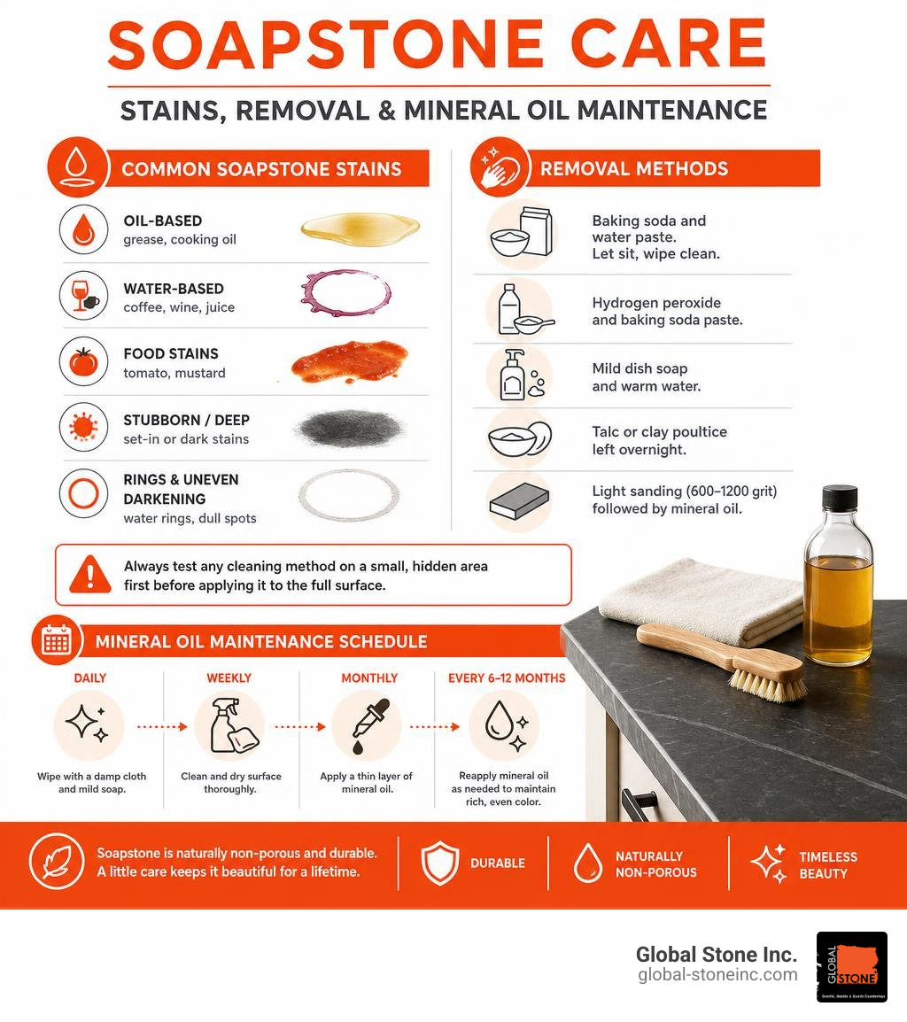 Infographic showing soapstone stain types, removal methods, and mineral oil maintenance schedule infographic Infographic showing soapstone stain types, removal methods, and mineral oil maintenance schedule infographic