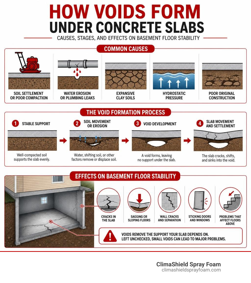 How voids form under concrete slabs — causes, stages, and effects on basement floor stability infographic