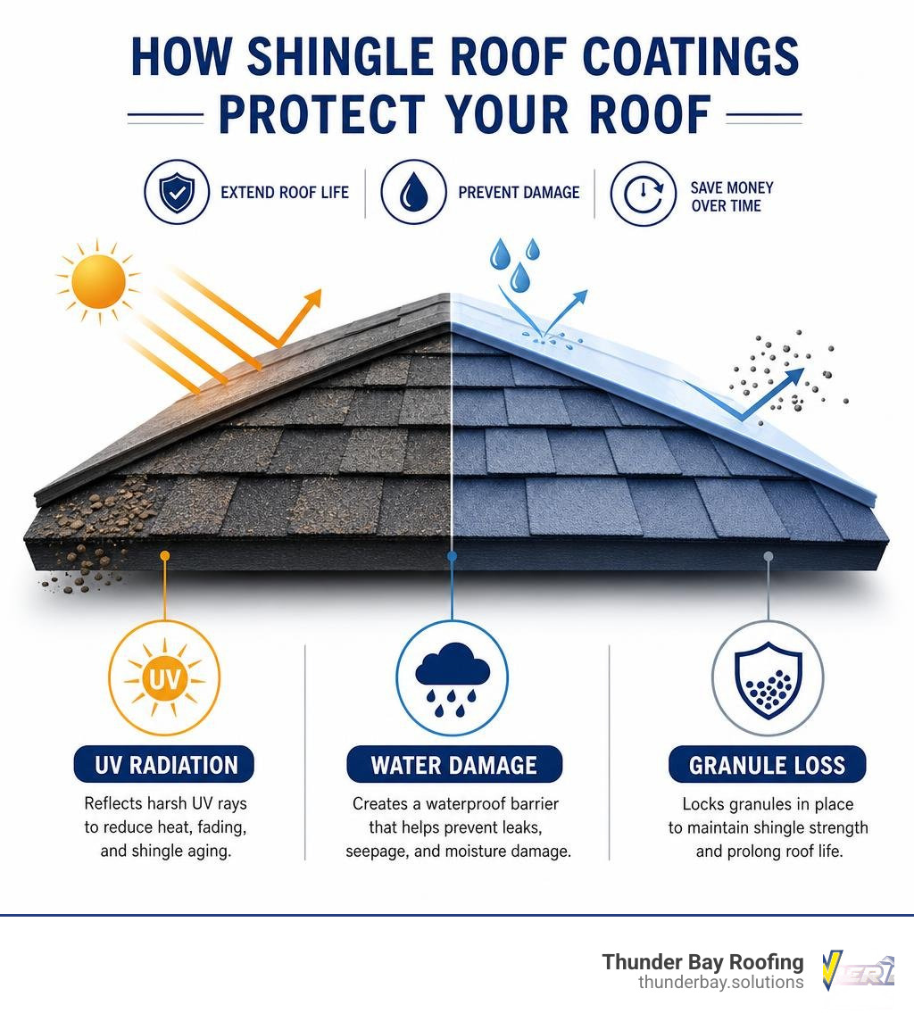 Infographic showing how shingle roof coatings protect against UV radiation, water damage, and granule loss infographic Infographic showing how shingle roof coatings protect against UV radiation, water damage, and granule loss infographic