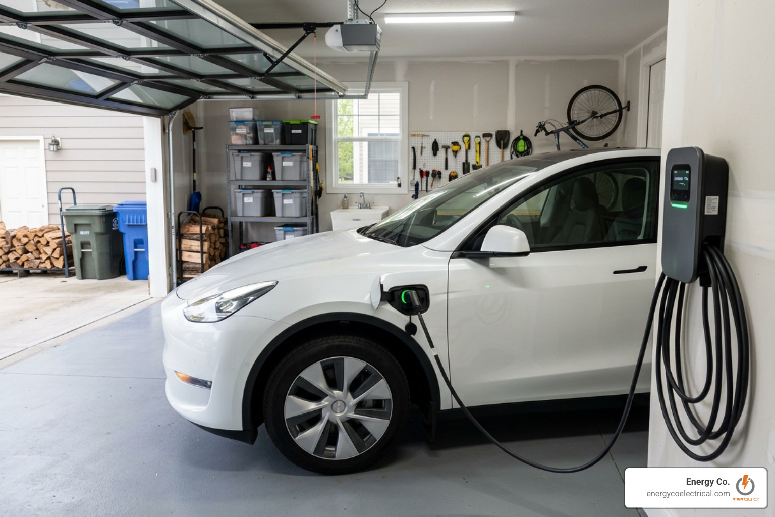 A modern electric vehicle plugged into a home wall-mounted charging station in a residential garage