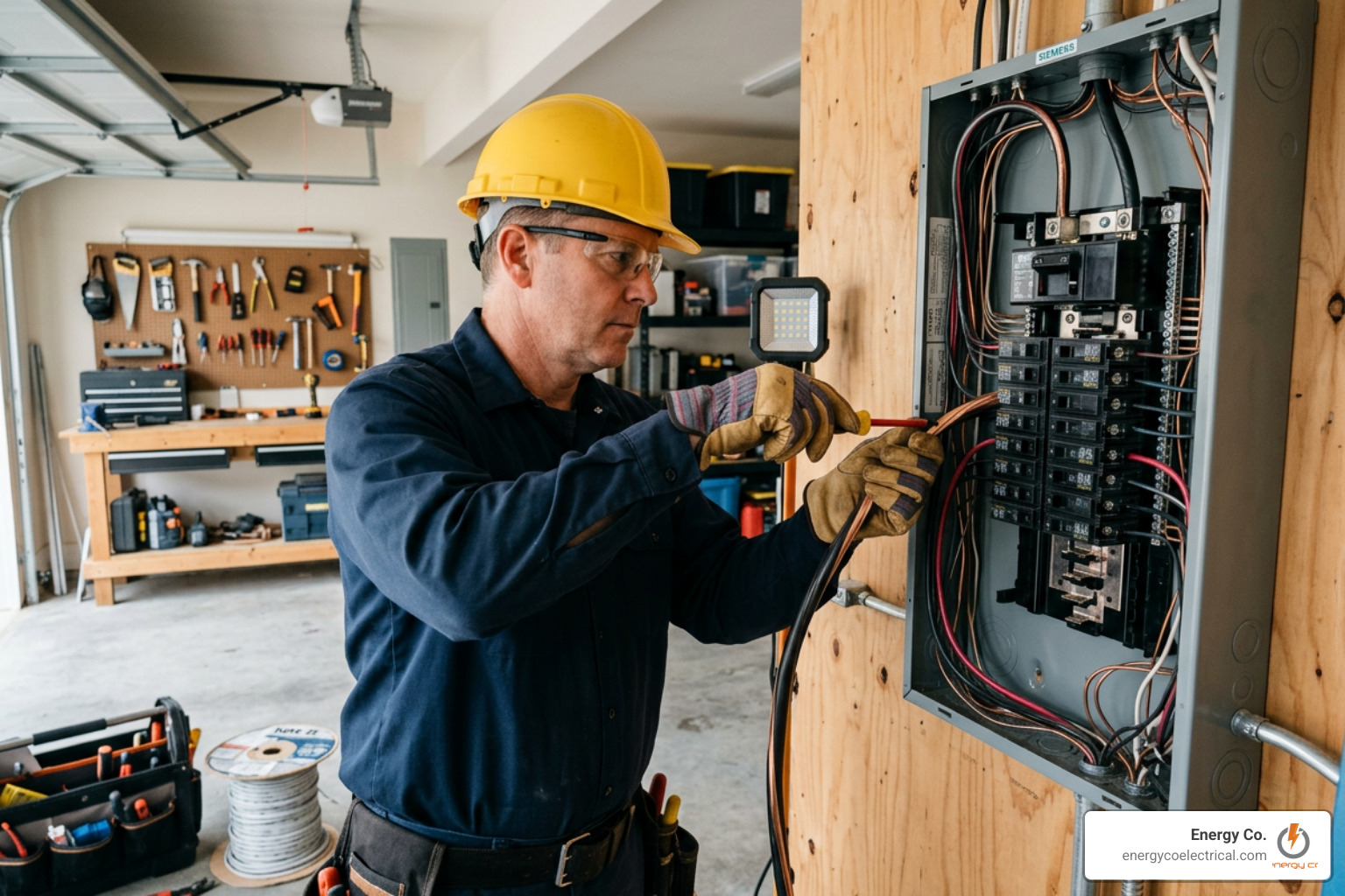 A licensed electrician wearing safety gear carefully wiring a 200 amp breaker panel