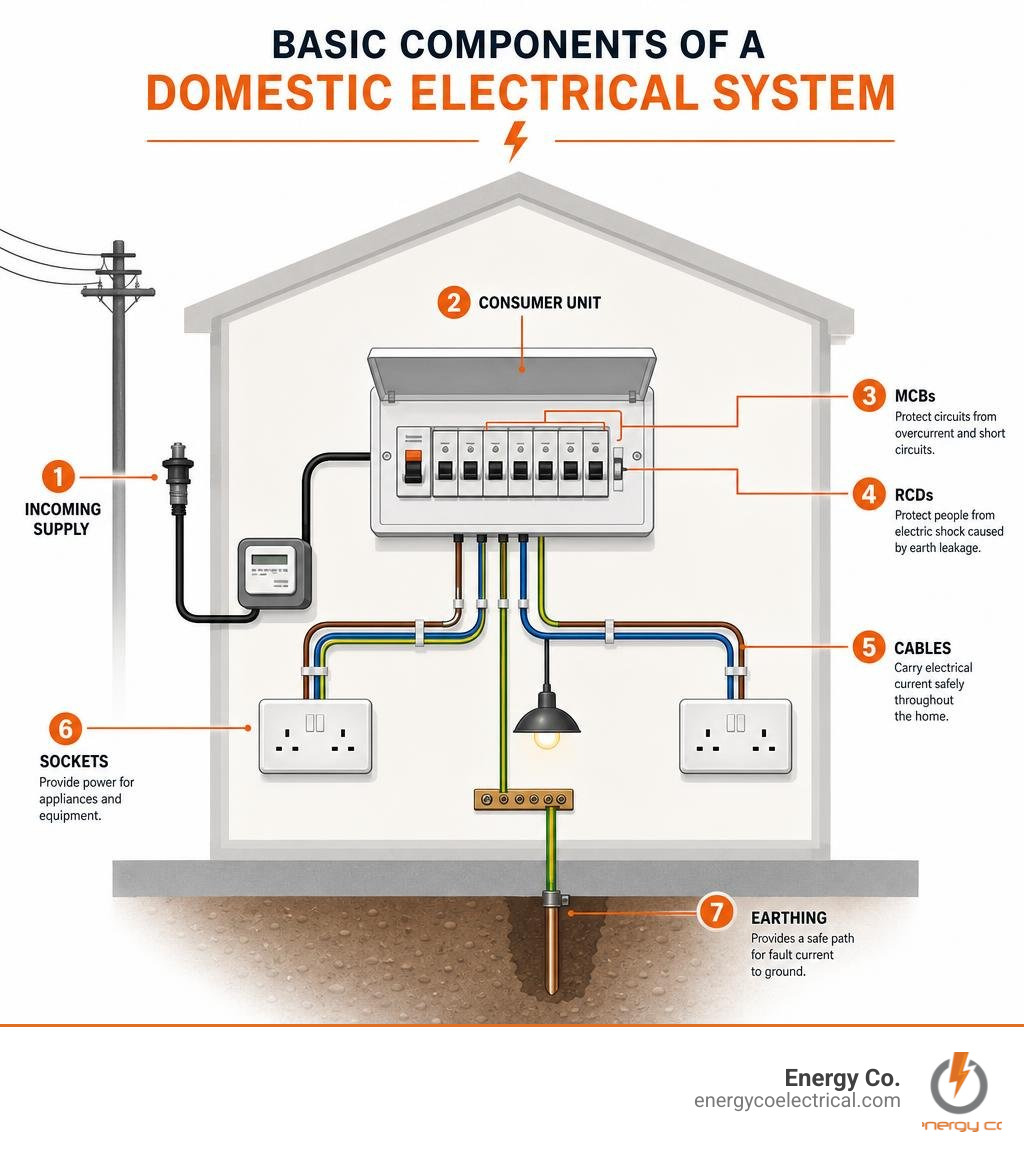 Infographic showing basic components of a domestic electrical system including incoming supply, consumer unit, MCBs, RCDs