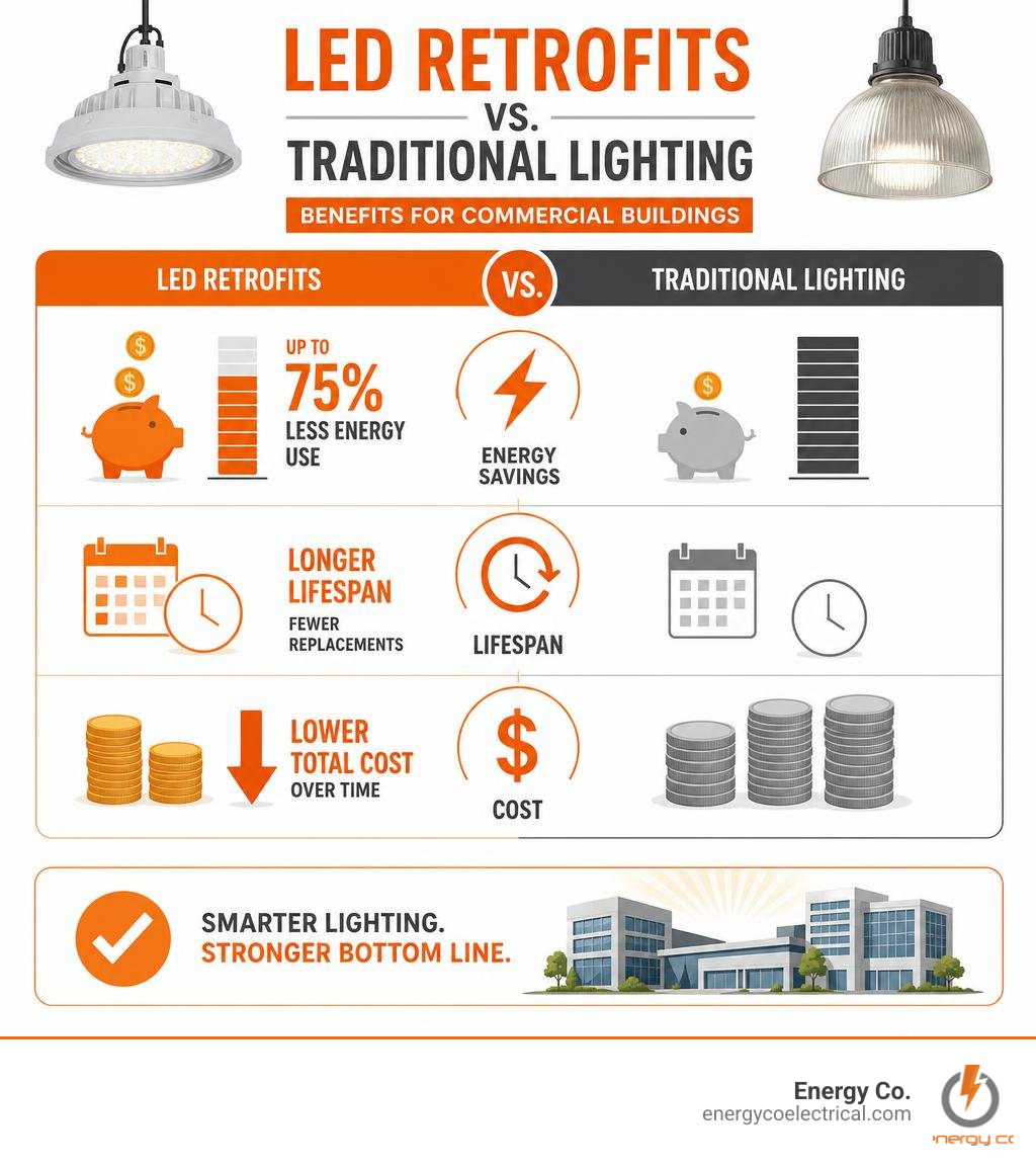 Benefits of LED retrofits vs traditional lighting for commercial buildings — energy savings, lifespan, cost infographic