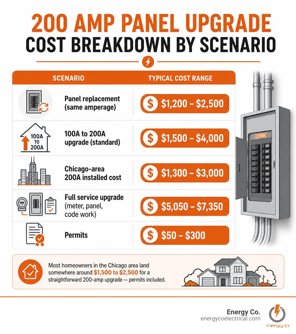 Infographic showing 200 amp panel upgrade cost breakdown by scenario and cost range infographic
