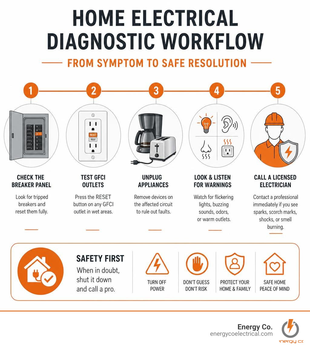 Home electrical diagnostic workflow infographic showing steps from symptom to safe resolution infographic