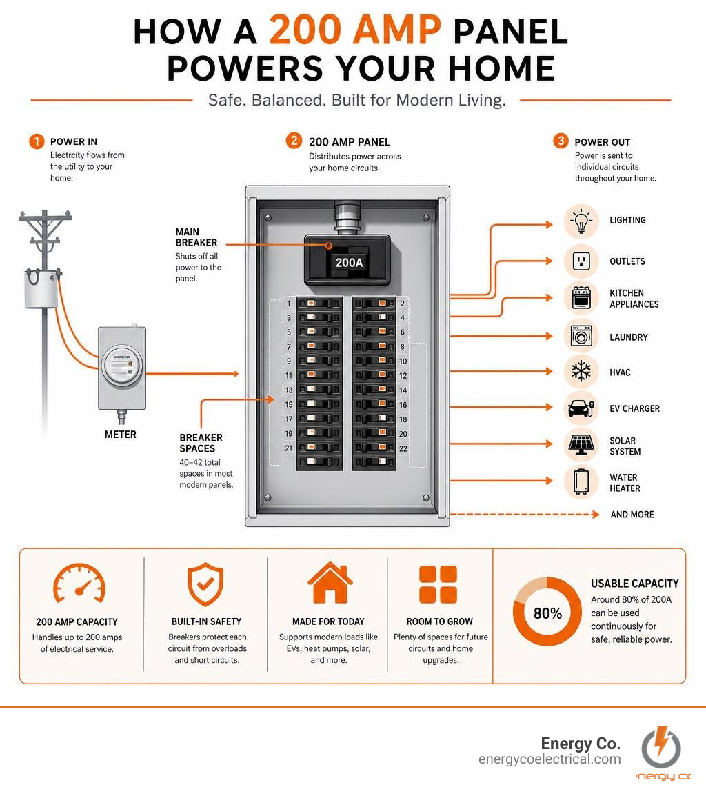 Infographic showing how a 200 amp panel distributes power across home circuits with breaker spaces, main breaker, and load