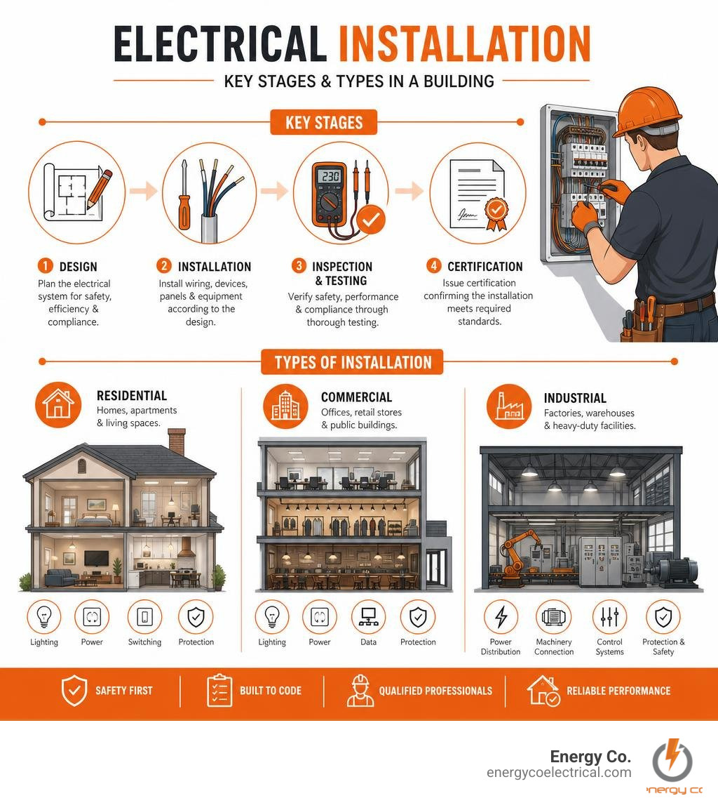 Infographic showing the key stages and types of electrical installation in a building infographic