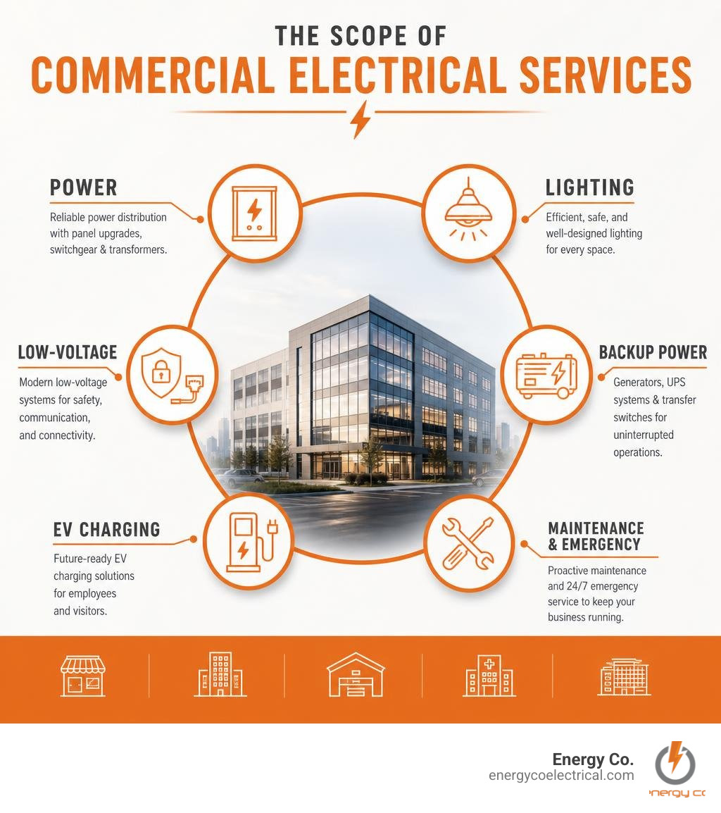 Infographic showing scope of commercial electrical services: power, lighting, low-voltage, backup, EV, maintenance