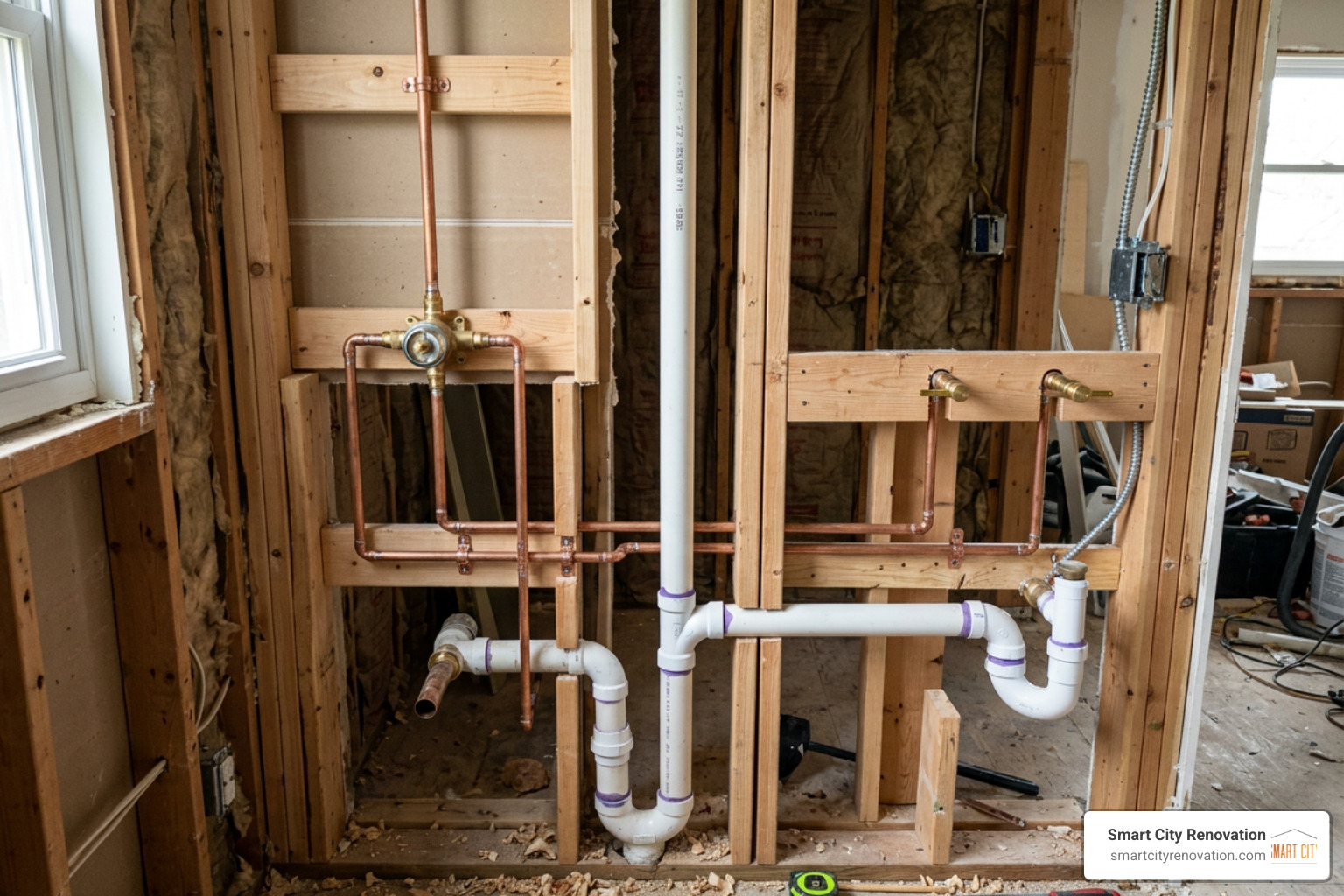 Bathroom plumbing rough-in during a Glenview home renovation showing modern copper and PVC lines Bathroom plumbing rough-in during a Glenview home renovation showing modern copper and PVC lines