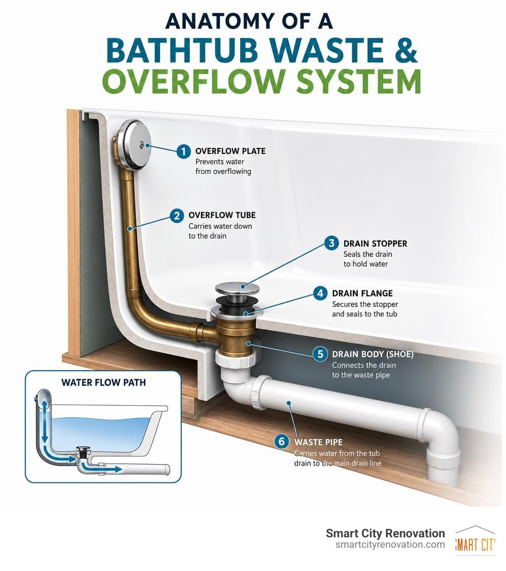 Infographic showing anatomy of a bathtub waste and overflow system with labeled components infographic Infographic showing anatomy of a bathtub waste and overflow system with labeled components infographic