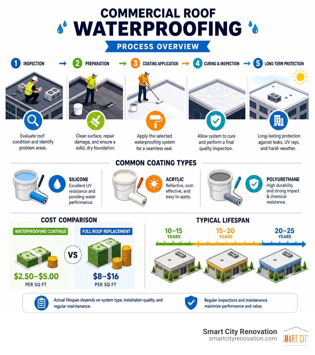 Commercial roof waterproofing process overview infographic: inspection, preparation, coating types, cost comparison Commercial roof waterproofing process overview infographic: inspection, preparation, coating types, cost comparison