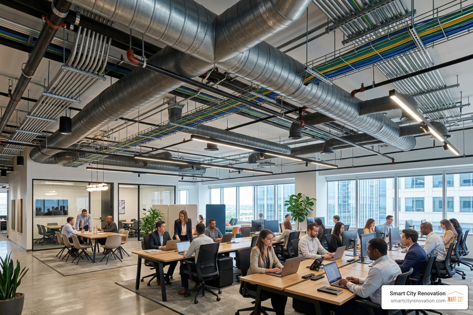 Upgraded MEP systems in a modern open ceiling office design Upgraded MEP systems in a modern open ceiling office design