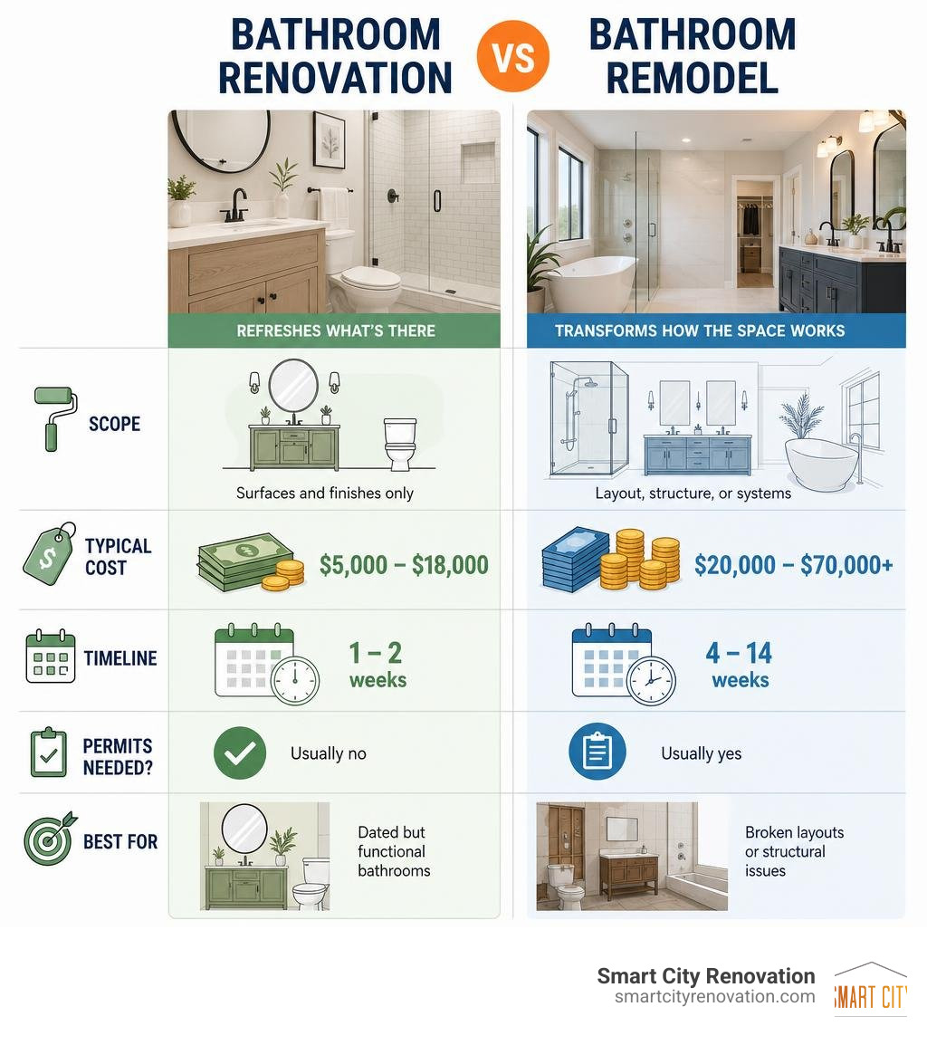 infographic comparing bathroom remodel vs renovation costs timelines permits and scope infographic infographic comparing bathroom remodel vs renovation costs timelines permits and scope infographic