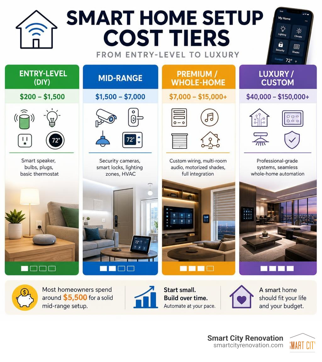 Smart home setup cost tiers from entry-level to luxury with price ranges and features infographic Smart home setup cost tiers from entry-level to luxury with price ranges and features infographic