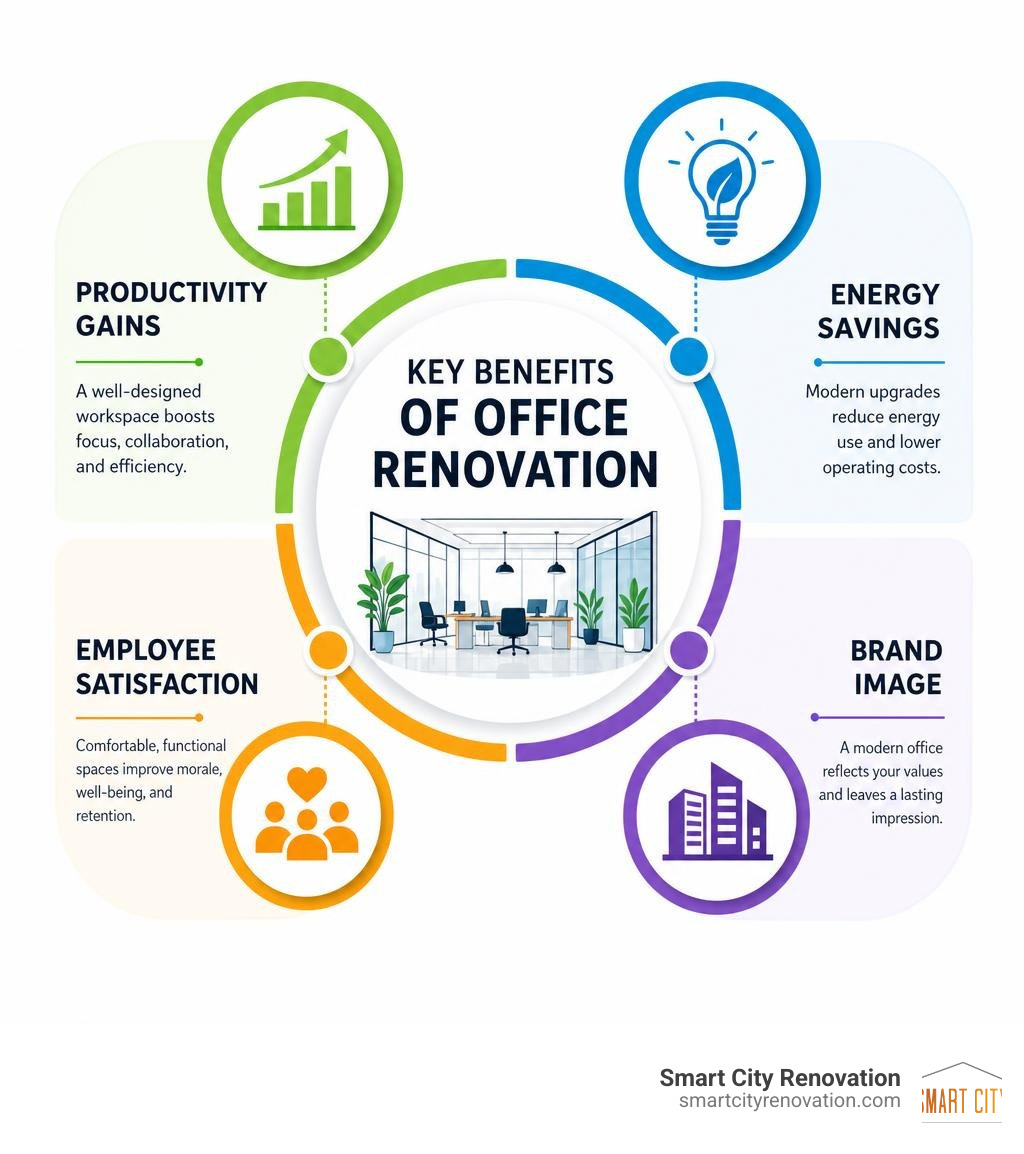 Infographic showing key benefits of office renovation: productivity gains, energy savings, employee satisfaction, and brand Infographic showing key benefits of office renovation: productivity gains, energy savings, employee satisfaction, and brand