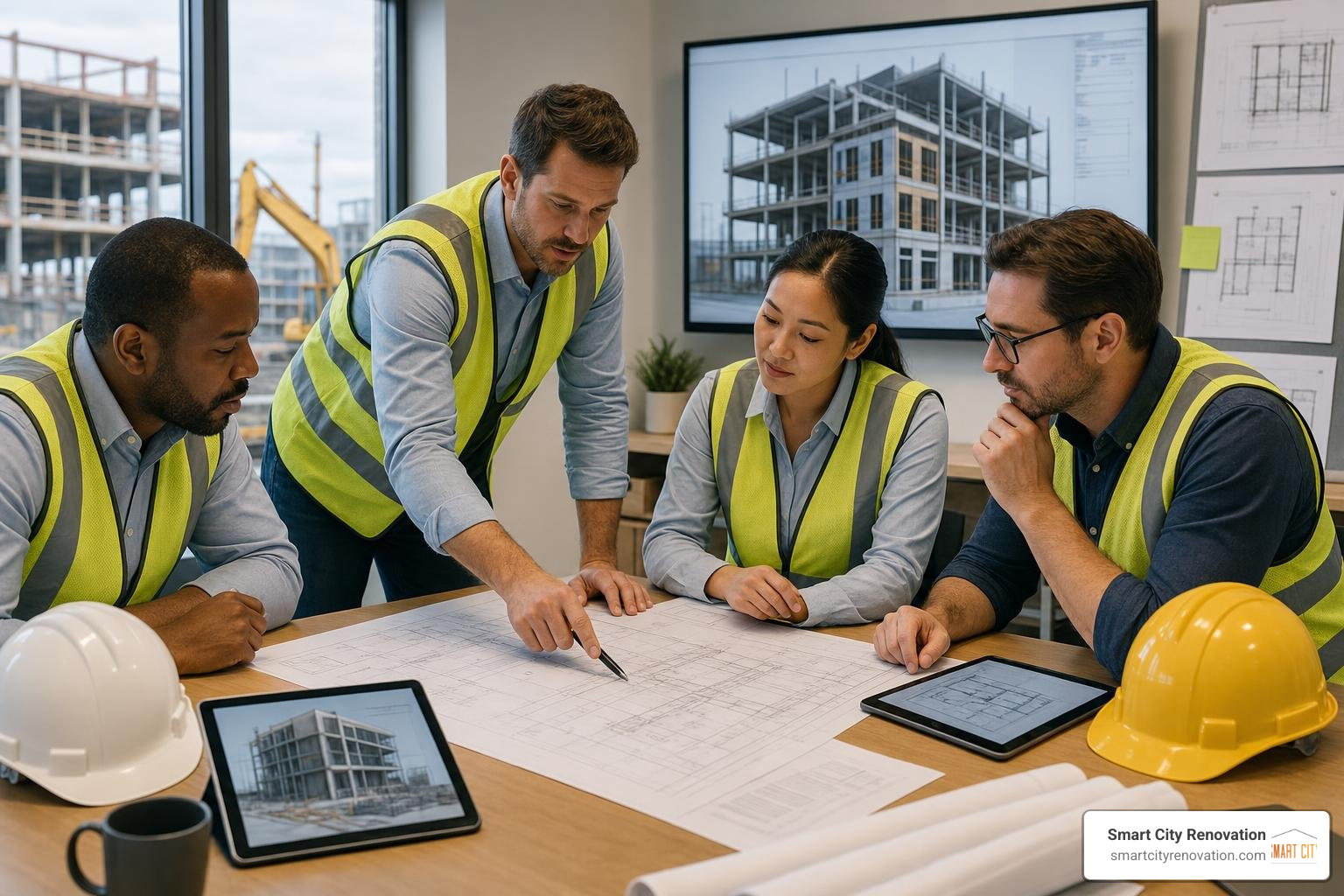 Construction planning meeting with blueprints and digital tablets Construction planning meeting with blueprints and digital tablets