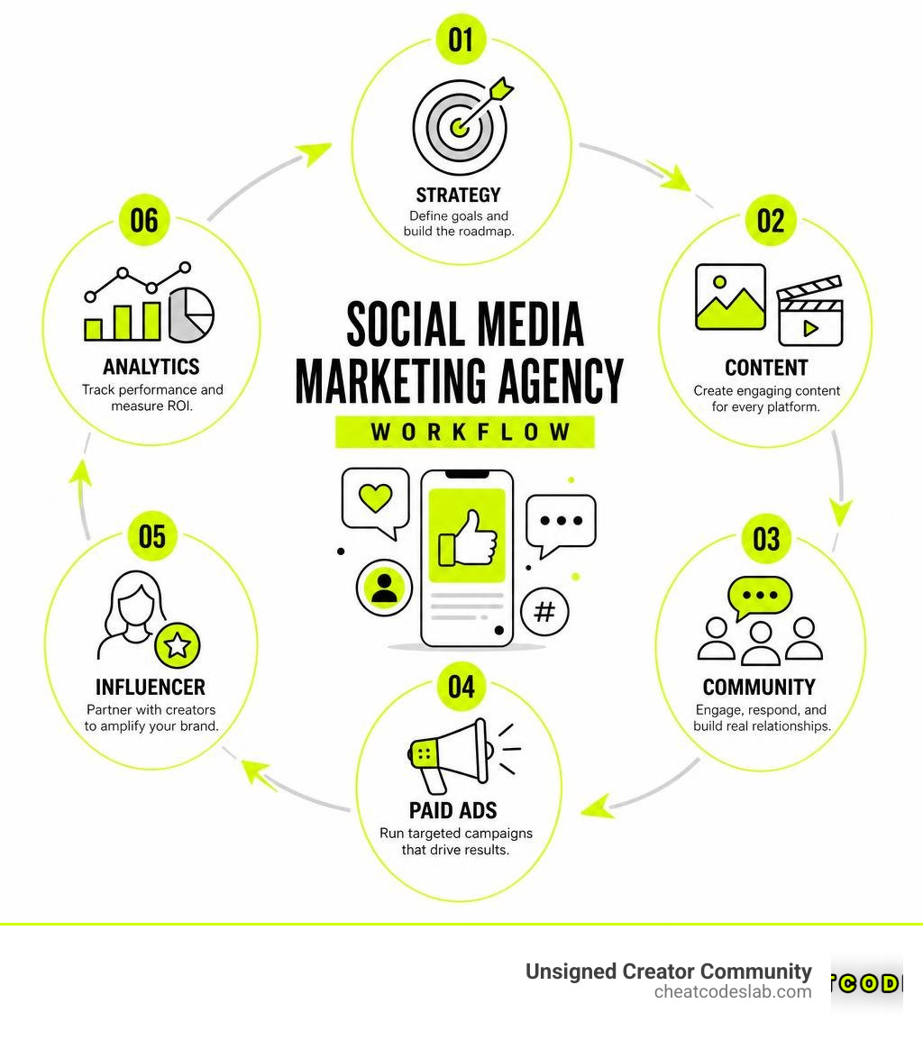 Social media marketing agency workflow infographic showing strategy, content, community, paid ads, influencer, and analytics