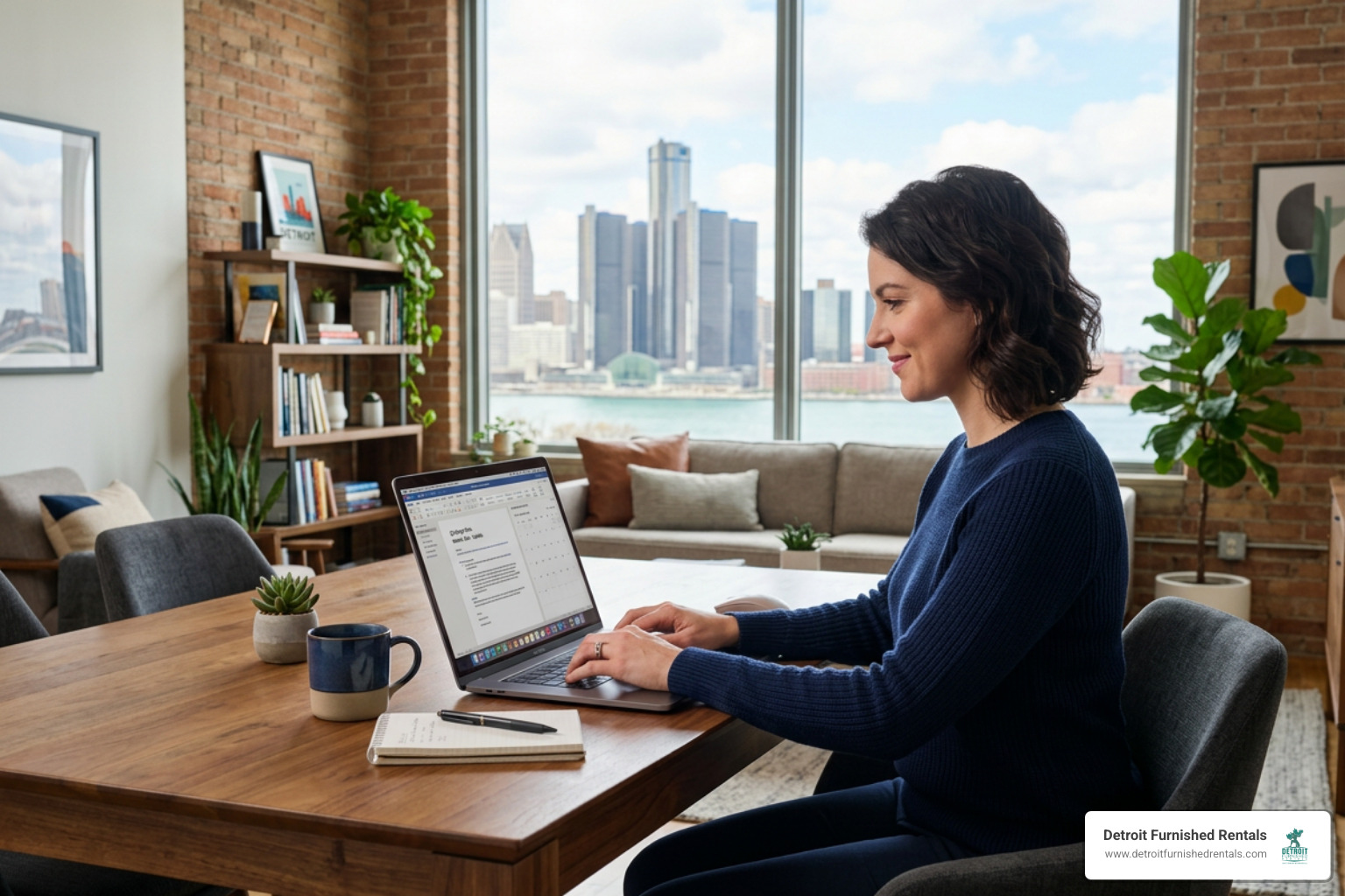 A professional remote worker typing on a laptop in a bright modern Detroit living room