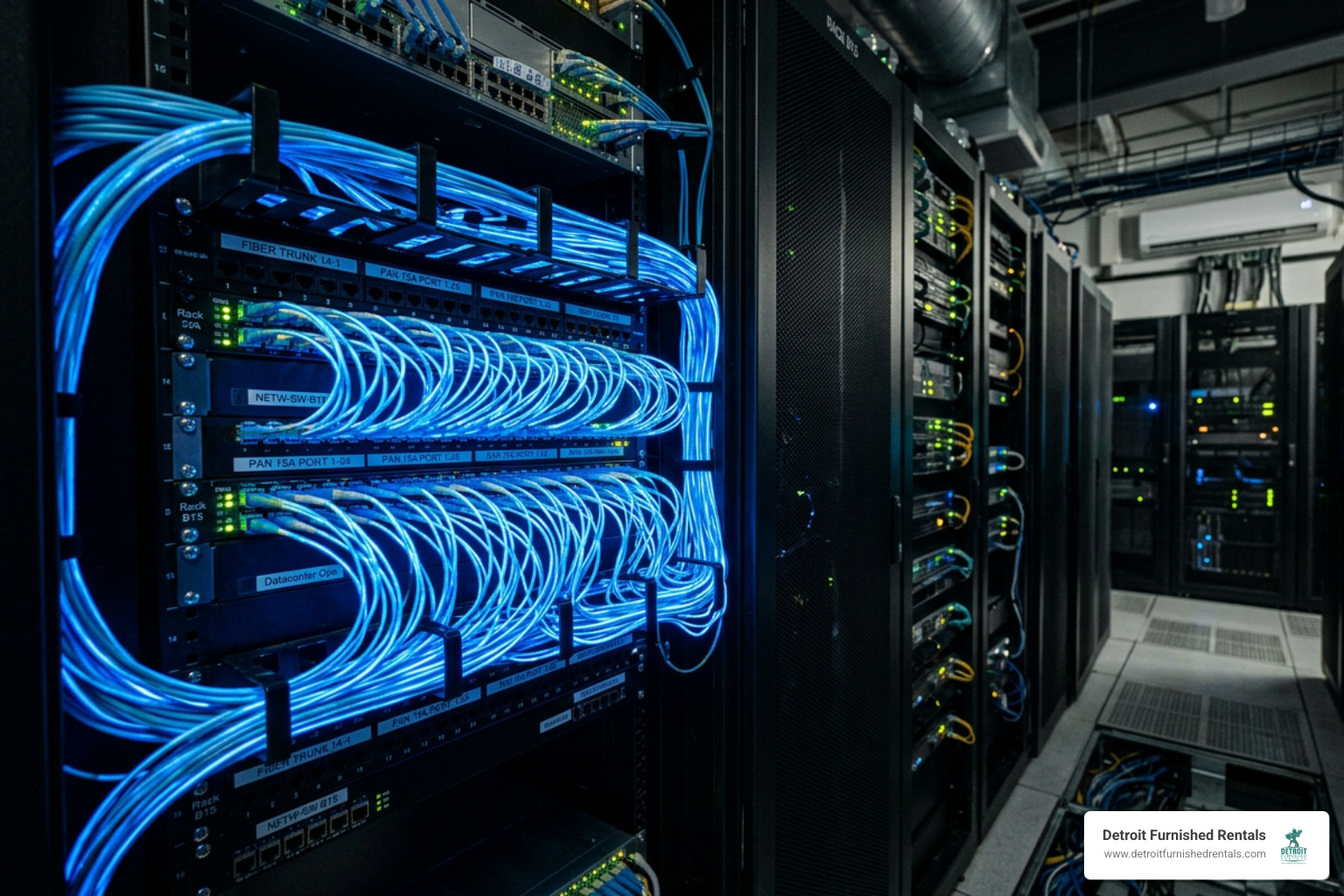 Fiber optic cables glowing blue in a server room representing fast internet connections