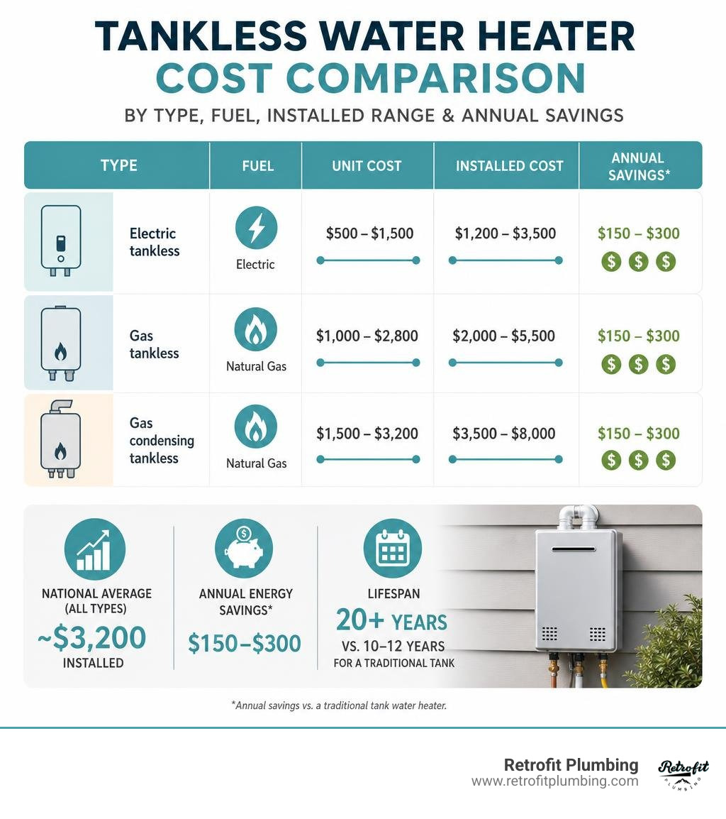 Infographic comparing tankless water heater cost by type, fuel, installed range, and annual savings infographic Infographic comparing tankless water heater cost by type, fuel, installed range, and annual savings infographic