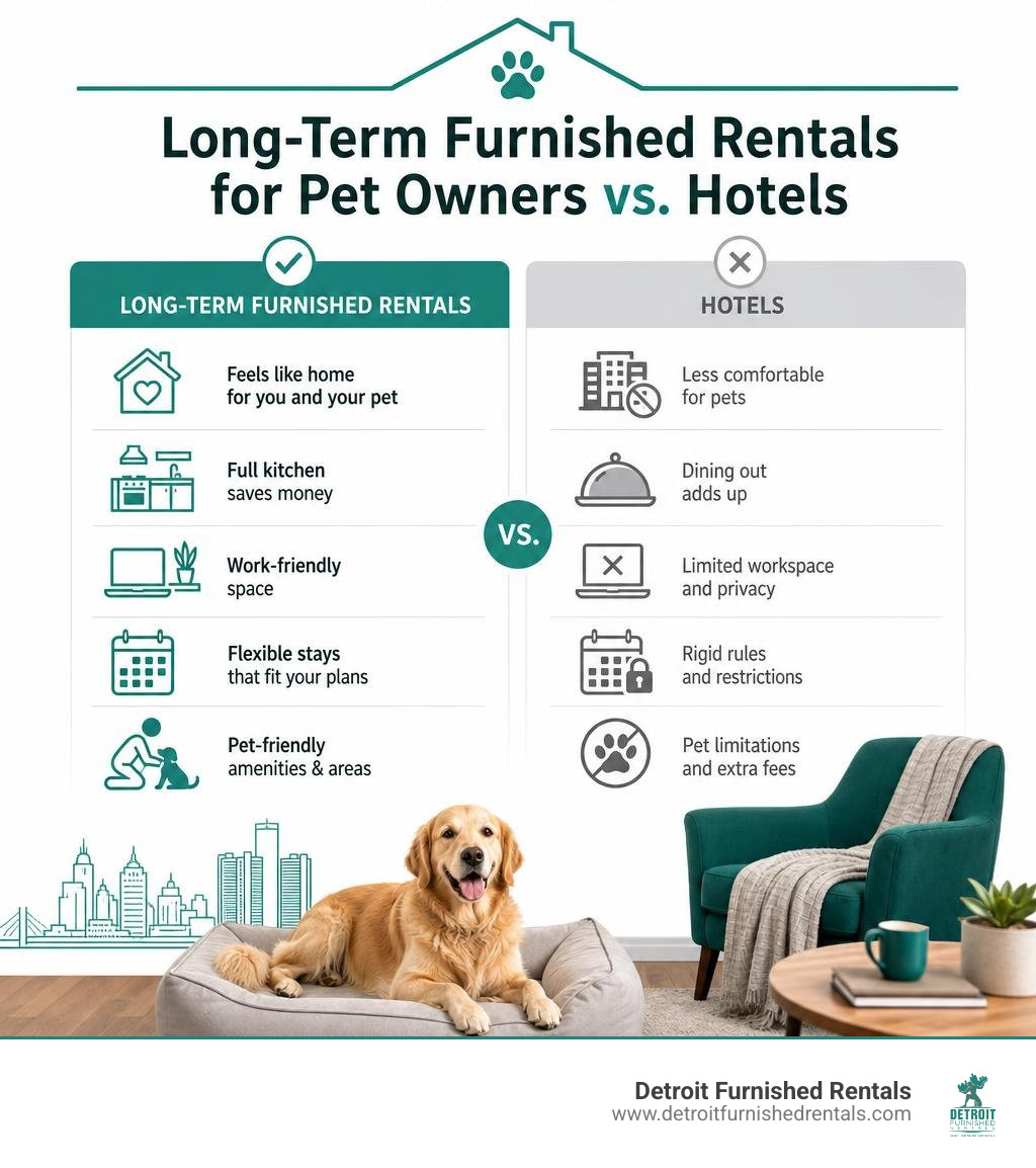 infographic showing benefits of long-term furnished rentals for pet owners vs hotels infographic