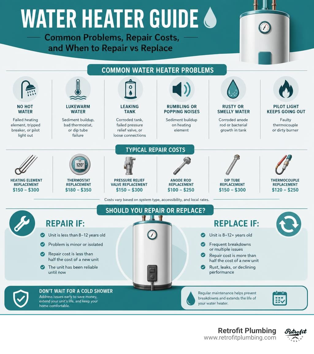 Infographic showing common water heater problems, repair costs, and when to repair vs replace infographic