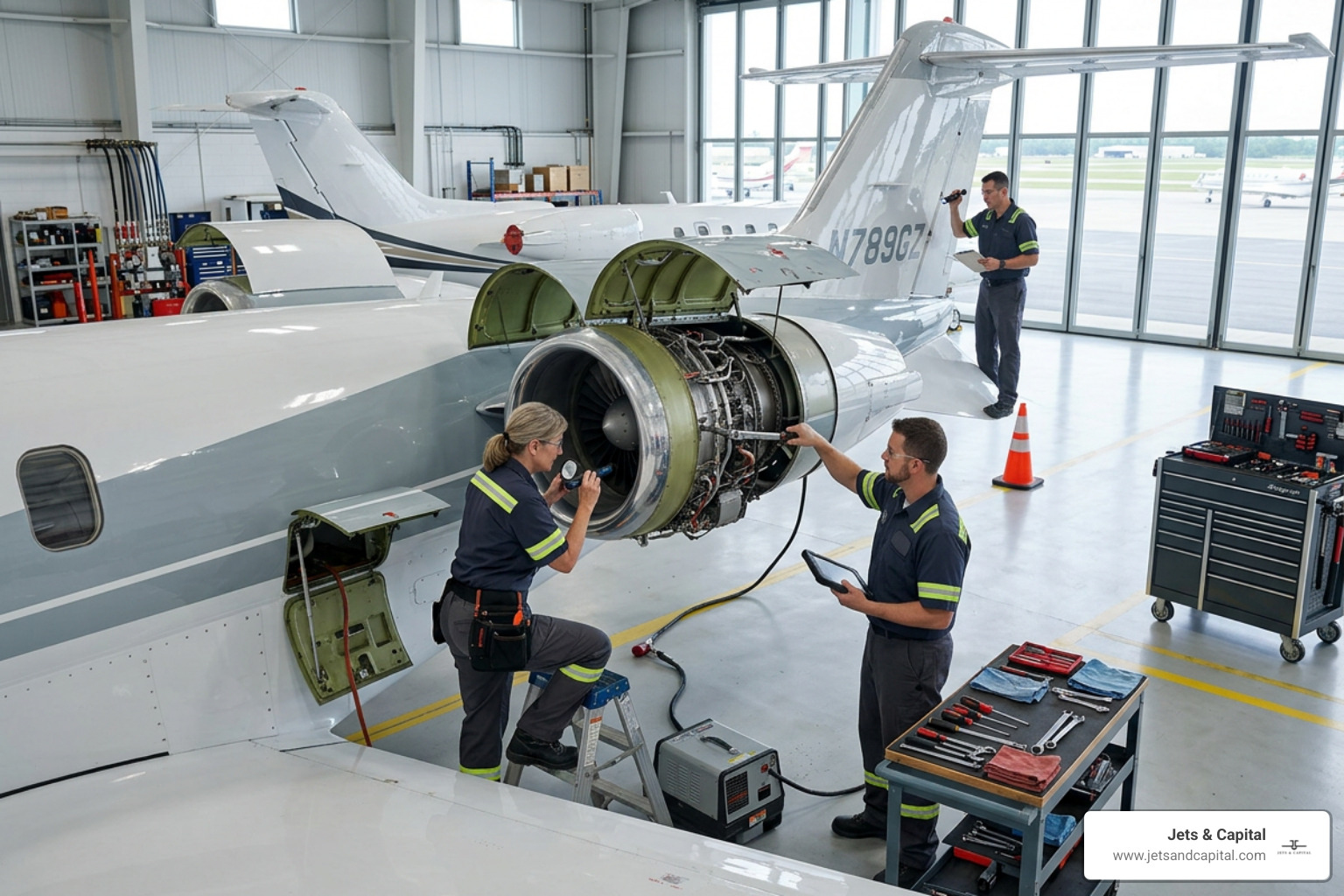 Ground crew performing a detailed pre-flight inspection and engine maintenance on a corporate jet Ground crew performing a detailed pre-flight inspection and engine maintenance on a corporate jet