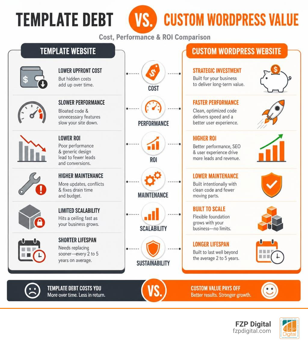 Template debt vs custom WordPress value infographic showing cost, performance, and ROI comparison infographic Template debt vs custom WordPress value infographic showing cost, performance, and ROI comparison infographic