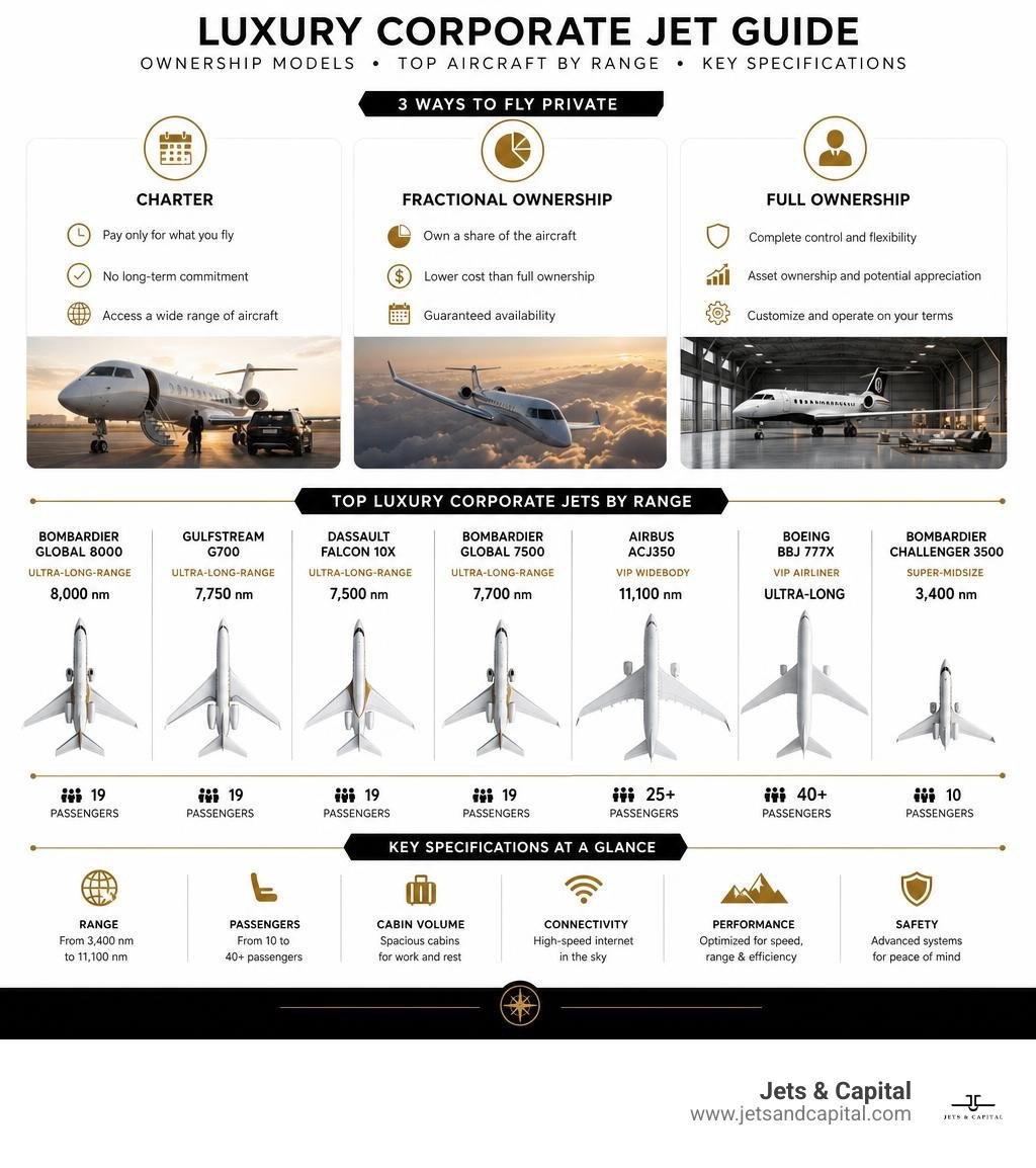 Comparison infographic of luxury corporate jet ownership models, top aircraft by range, and key specifications infographic Comparison infographic of luxury corporate jet ownership models, top aircraft by range, and key specifications infographic