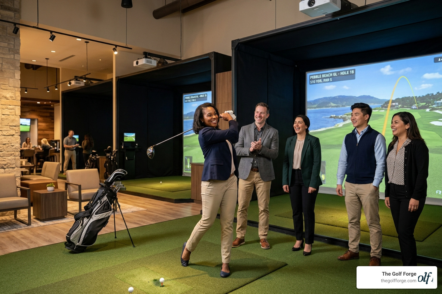 corporate group enjoying an indoor golf event