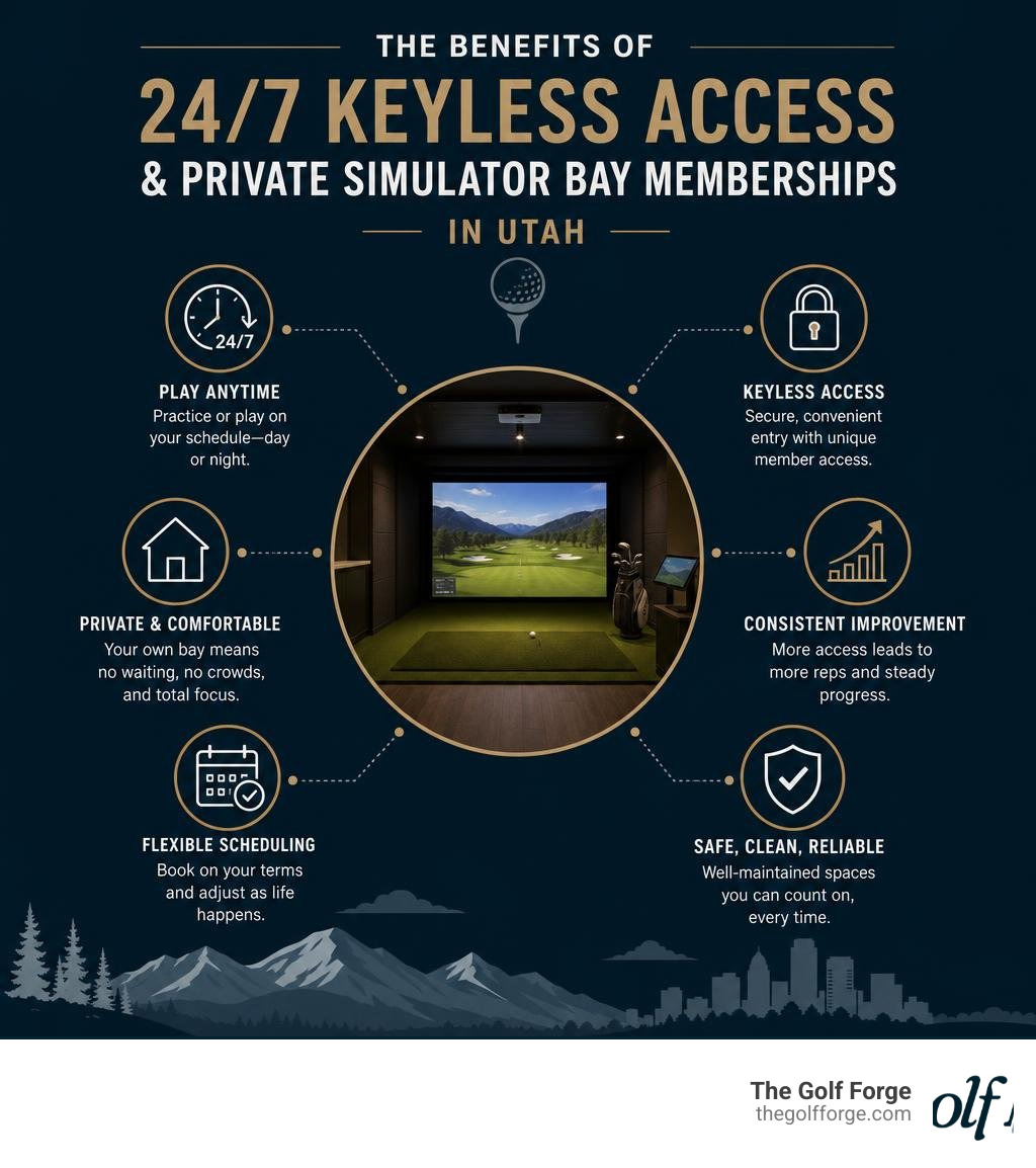 Benefits of 24/7 keyless access and private simulator bay memberships in Utah infographic