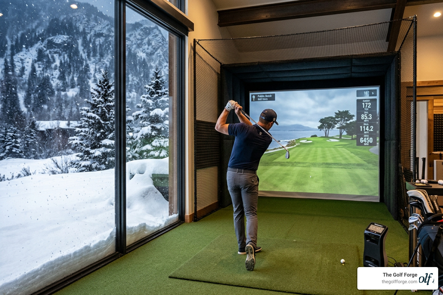 Golfer practicing indoor golf simulator during a Utah winter storm Golfer practicing indoor golf simulator during a Utah winter storm