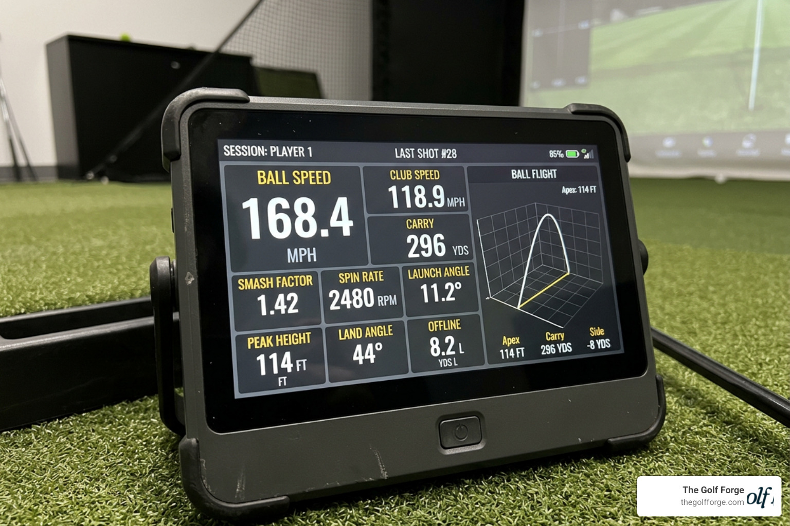 Advanced golf launch monitor data screen displaying swing metrics Advanced golf launch monitor data screen displaying swing metrics