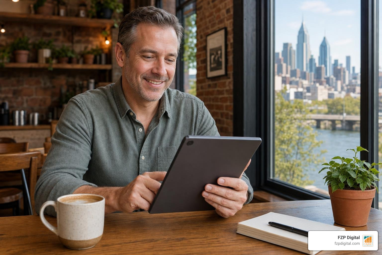 Local Bucks County business owner reviewing a website on a tablet Local Bucks County business owner reviewing a website on a tablet