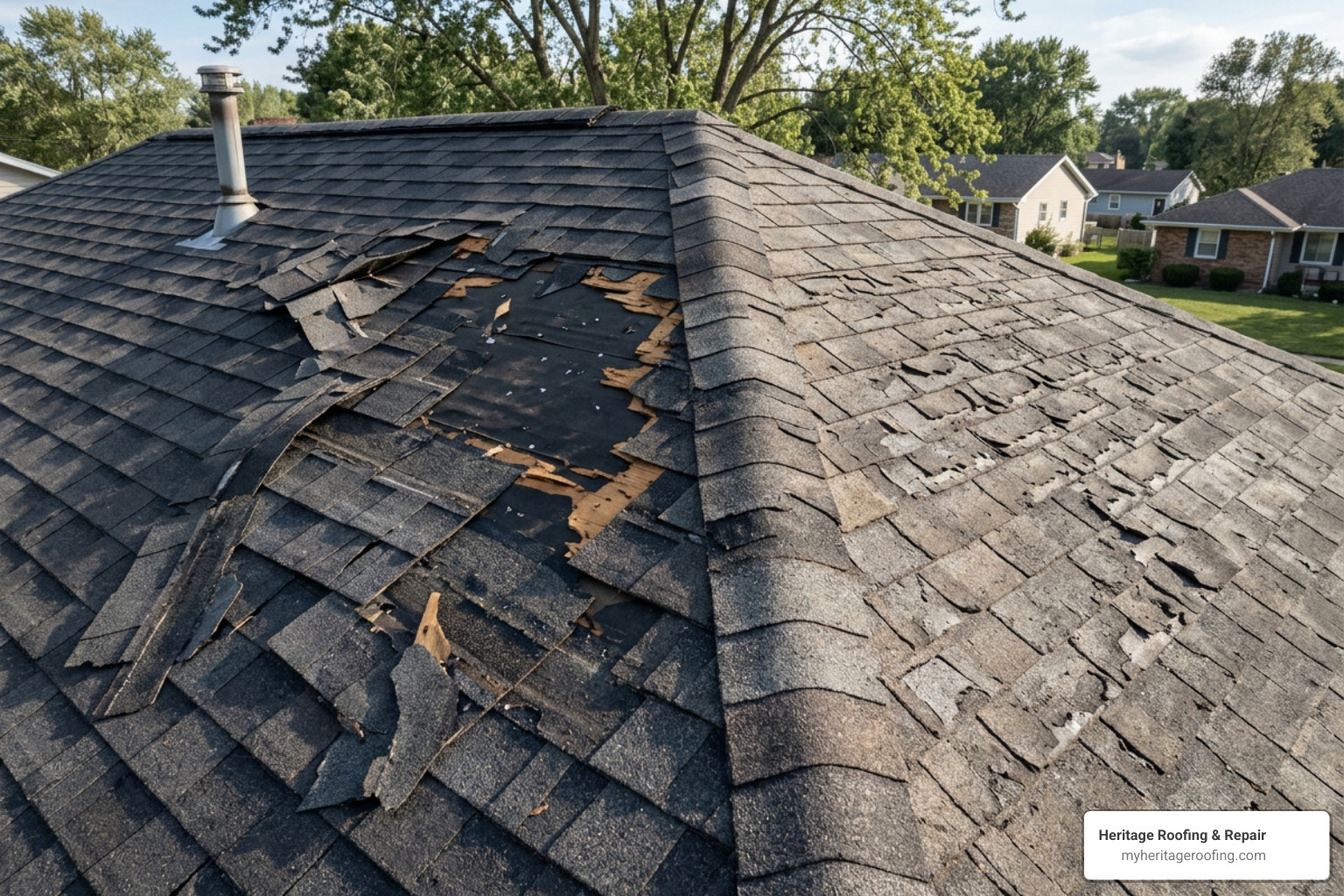 wind damaged shingles on a residential roof showing covered perils vs wear and tear wind damaged shingles on a residential roof showing covered perils vs wear and tear