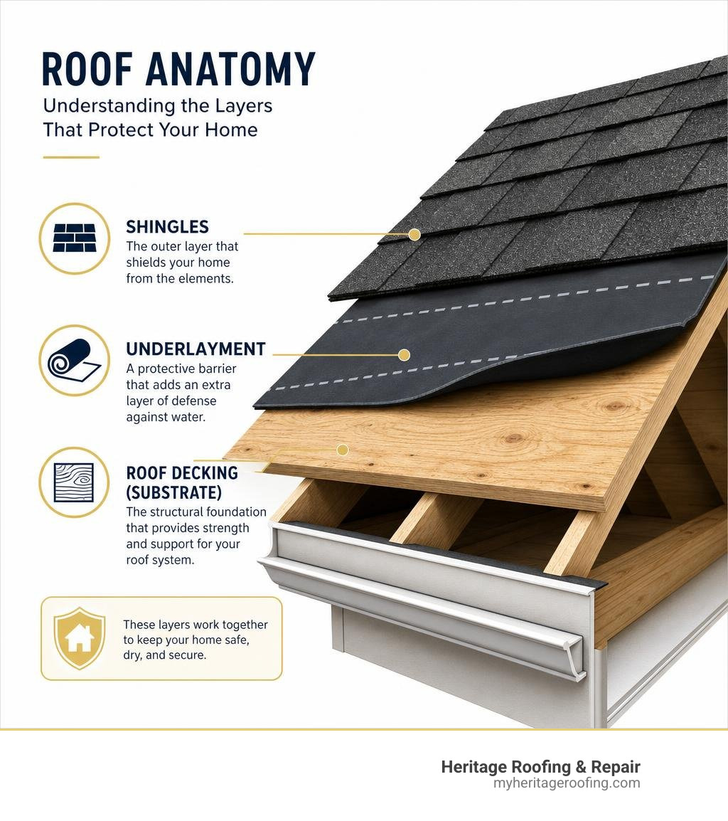 Infographic: cross section of a roof showing shingles, underlayment, and roof decking substrate infographic Infographic: cross section of a roof showing shingles, underlayment, and roof decking substrate infographic